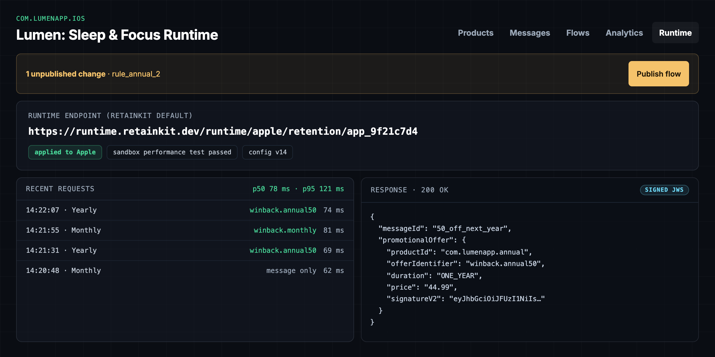 RetainKit runtime page: the hosted endpoint Apple calls, recent call latencies, and the signed JWS response