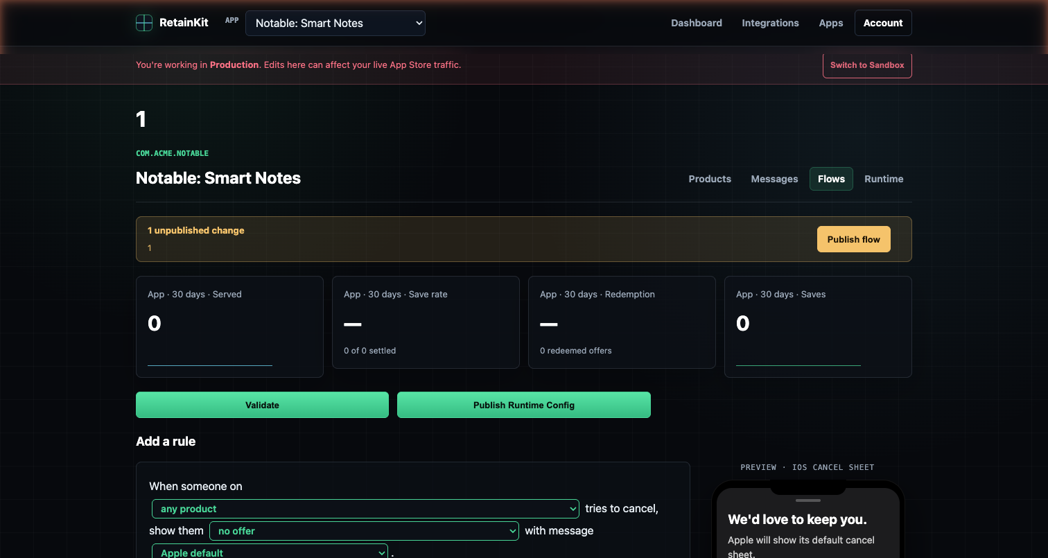 RetainKit Flow page with the sentence-shaped rule builder